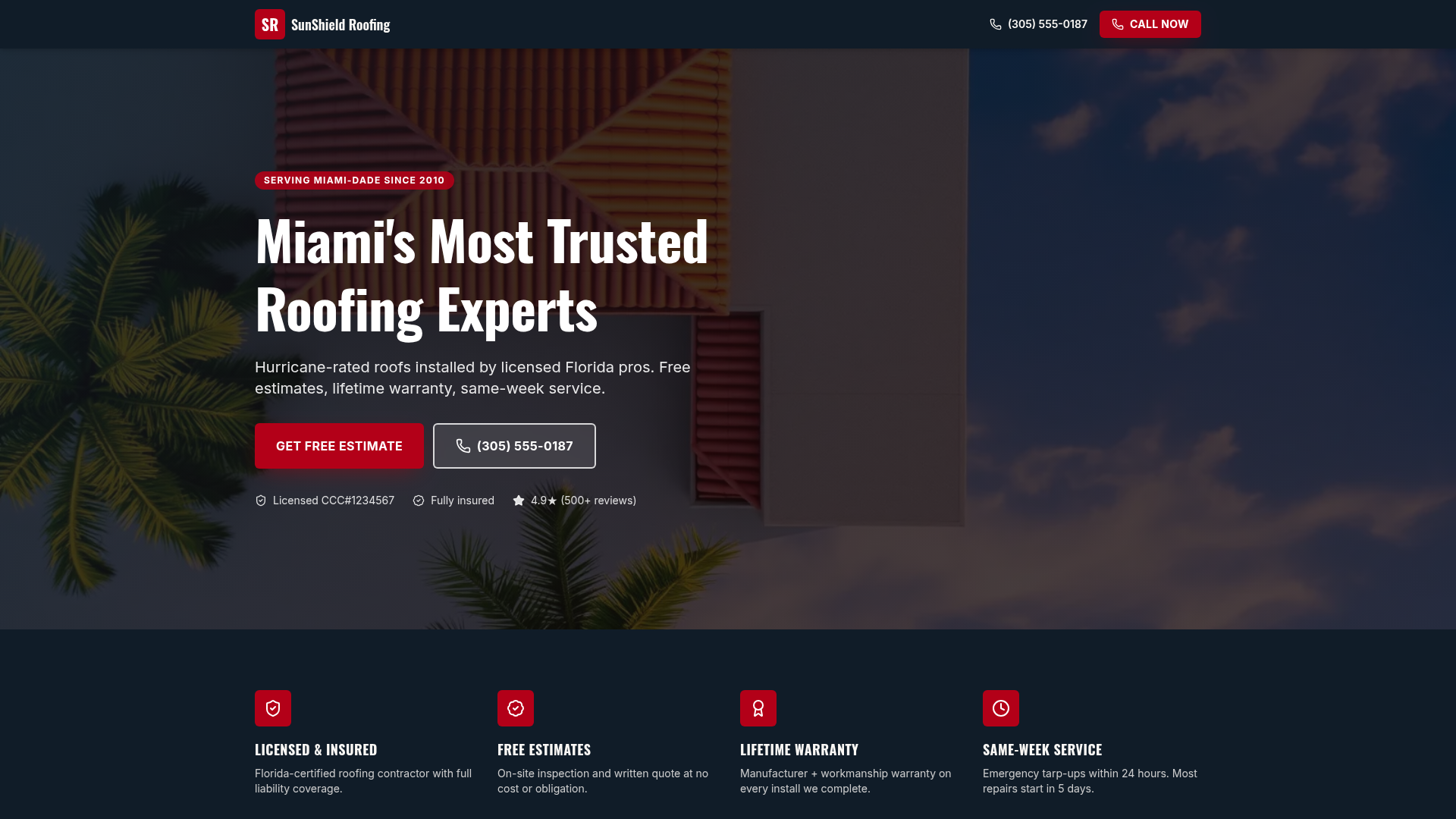 SunShield Roofing website after redesign